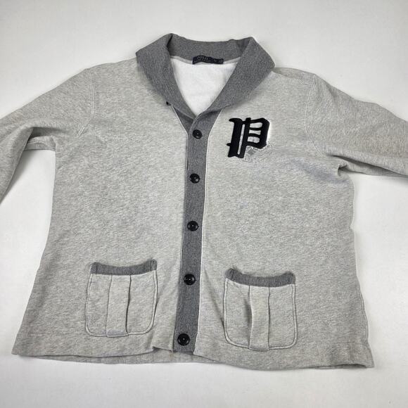 Polo Ralph Lauren Sweater mens XL Gray Shawl Collar Cardigan Varsity P Patch - Picture 4 of 9